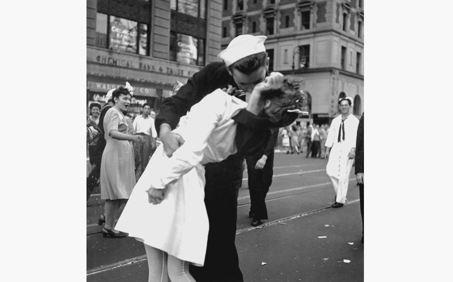 The famous photo of the kiss at Times Square in New York City on V-J Day, Aug. 14, 1945, from a post on X by Secretary of Veterans Affairs Denis McDonough (@SecVetAffairs). There are two very similar photos of the same scene, one shot by Alfred Eisenstaedt that originally appeared in Life Magazine and was mentioned in a VA memo banning the photo that went viral on X on Tuesday, March 5, 2024. This photo, which McDonough shared in his post denying the accuracy of the memo, was shot by Navy Lt. Victor Jorgensen and is in the National Archives.
