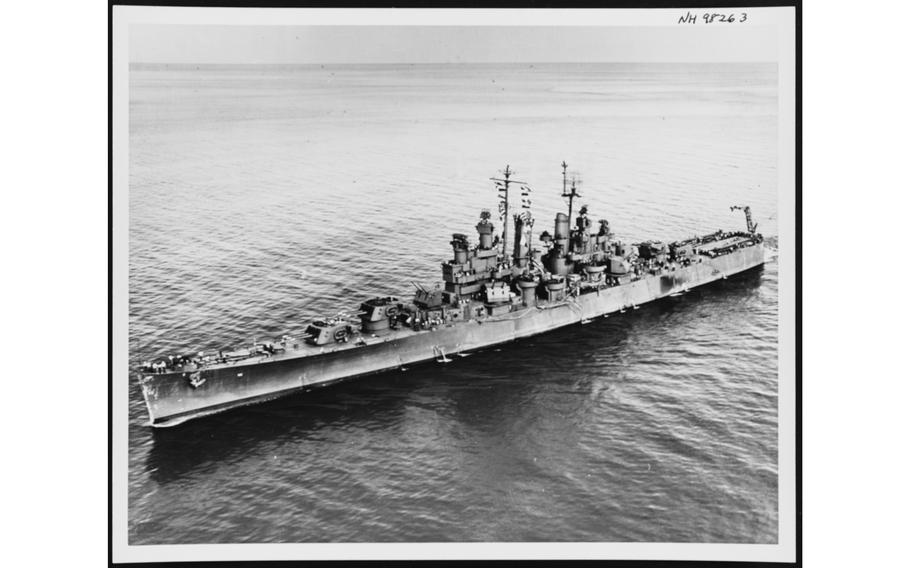 The U.S. Navy light cruiser USS Biloxi (CL-80) underway at sea. The photo is dated Feb. 19, 1945, but was probably taken during the ship’s shakedown cruise, circa October 1943.
