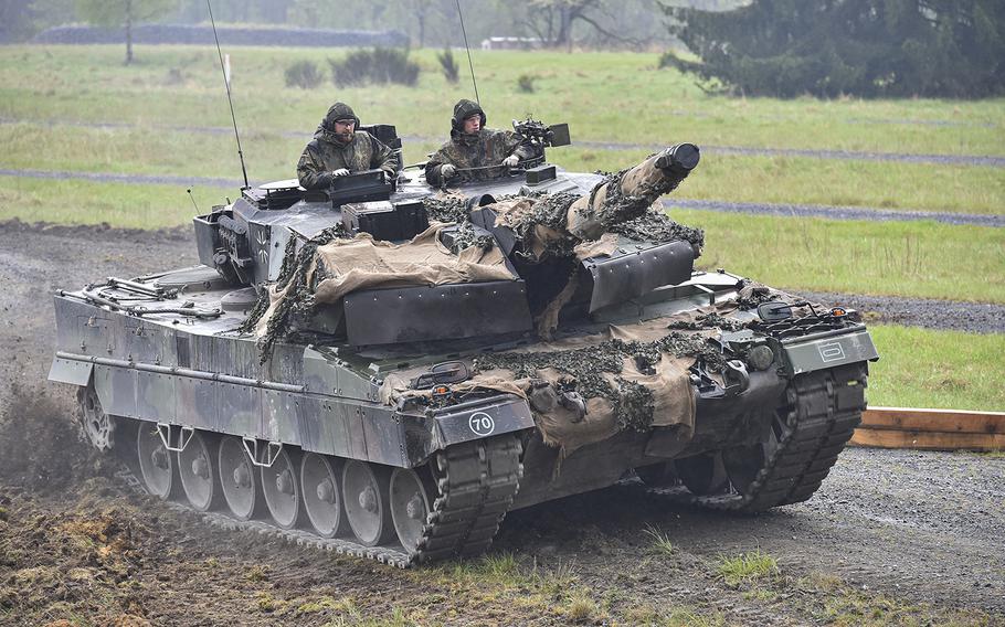 German soldiers maneuver their Leopard 2A6 tank through the Precision Driving lane at the 7th Army Training Command’s Grafenwoehr Training Area, Germany, on May 8, 2017. 