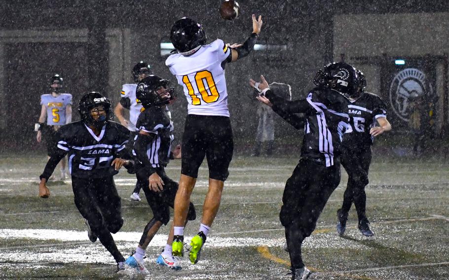 Shou Murakami-Moses and American School In Japan’s and Zama’s football teams can expect more hospitable conditions in Friday’s Division II football final than they encountered on Sept. 22, the first time they met in a downpour.
