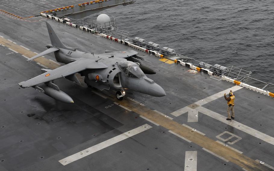 A ground-attack aircraft belonging to Spain prepares to launch from the USS Wasp during a joint exercise.