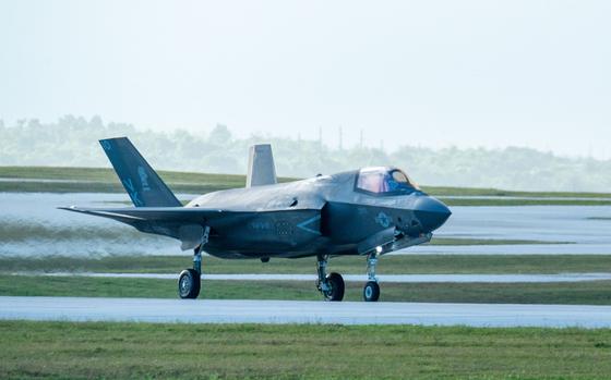 A U.S. Marine Corps F-35B Lightning II taxis on a runway.