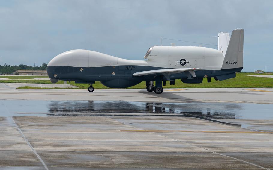 An MQ-4C Triton drone taxis at Andersen Air Force Base, Guam, in August 2023. A new Triton detachment was inaugurated Saturday at NAS Sigonella on the Italian island of Sicily.
