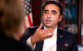 Pakistani Foreign Minister Bilawal Bhutto Zardari speaks during an interview with the Associated Press at the Pakistan Embassy, in Washington, Tuesday, Sept. 27, 2022. 