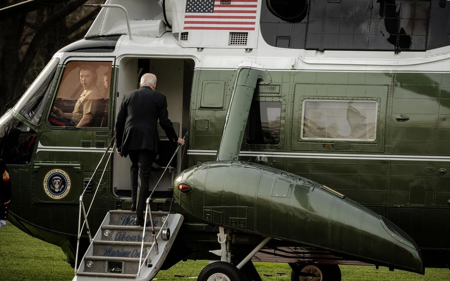 President Joe Biden boards Marine One on Wednesday as he begins his trip to visit with NATO, the Group of Seven and the European Council. 