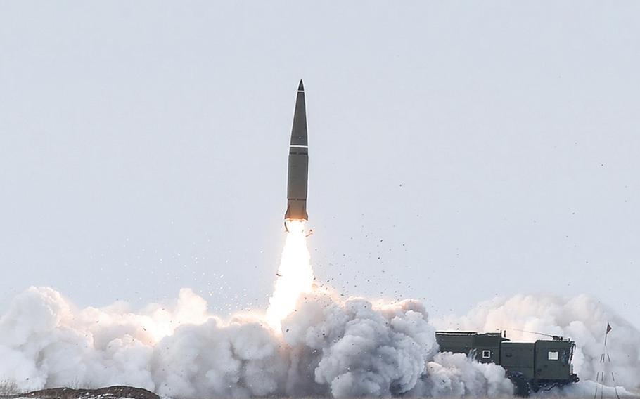 Russia test-launches an Iskander-M ballistic missile at the Kapustin Yar complex in 2018. The Kremlin announced Monday that it will conduct drills that simulate missile strikes with battlefield nuclear weapons, but Pentagon officials responded that they won't adjust the U.S. nuclear force posture as a result.