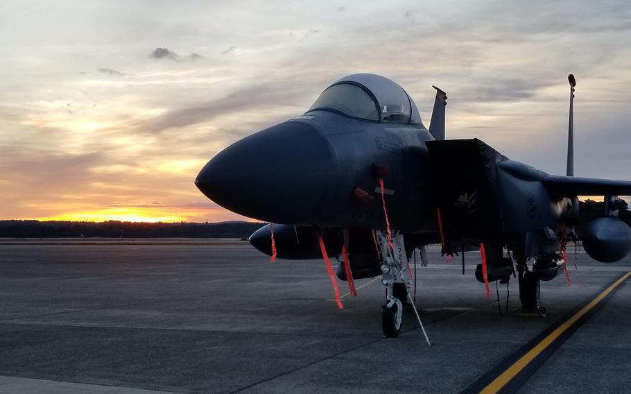 F-15Es from Mountain Home Air Force Base in Idaho visited Westover Air Reserve Base in Massachusetts “prior to traveling to a training location,” according to a post on the base’s Facebook page.