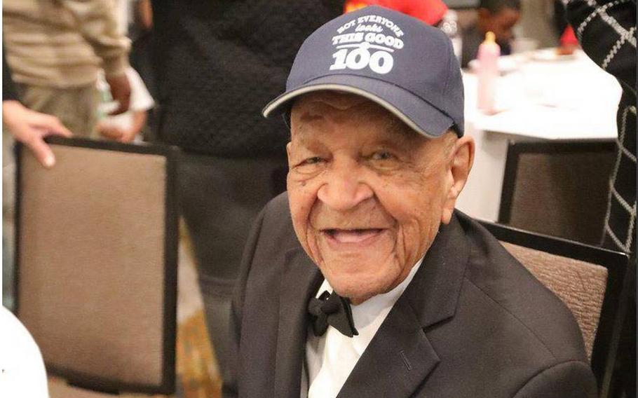 WWII veteran Glendell Bennett during his 100th birthday celebration on March 2, 2024, in Lexington, Kentucky.