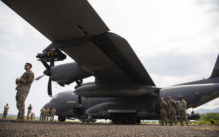 Air Force Capt. Nestor Soriano, an AC-130J Ghostrider instructor pilot, speaks to Philippine navy sailors about the gunship’s capabilities during a Balikantan event at the former home of Naval Air Station Cubi Point, April 23, 2023. 