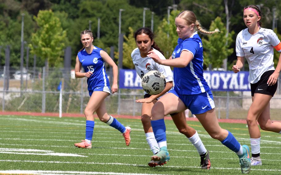 Ramstein’s Claire Boynton and Kaiserslautern’s Marisol Baltazar battle for the ball during the DODEA-Europe Division I girls soccer semifinals on Wednesday at Ramstein Air Base, Germany, May 21, 2025. The No. 1 seed Royals won 5-2 and will face Stuttgart Thursday in the finals.
