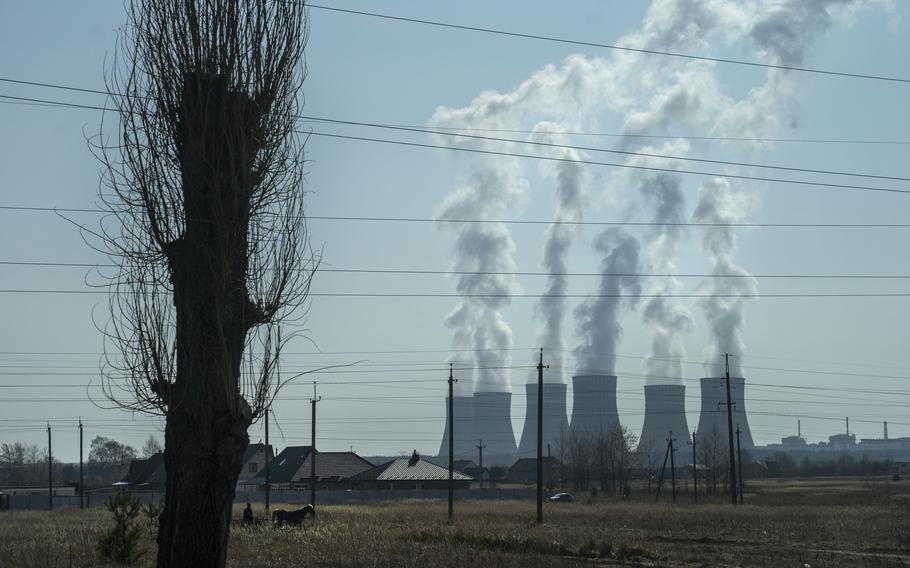 The cooling towers of the Rivne nuclear power plant on March 25 in Varash, Ukraine. Varash is less than 90 miles from Belarus, which has served as a staging ground for Russian troops.