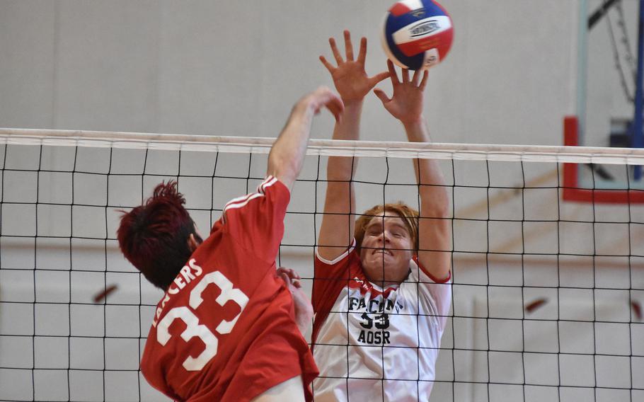 Lakenheath's Josiah Bradshaw gets the ball past the block of American Overseas School of Rome's Anthony DiMatteo on Thursday, Oct. 27, 2022.

Kent Harris/Stars and Stripes