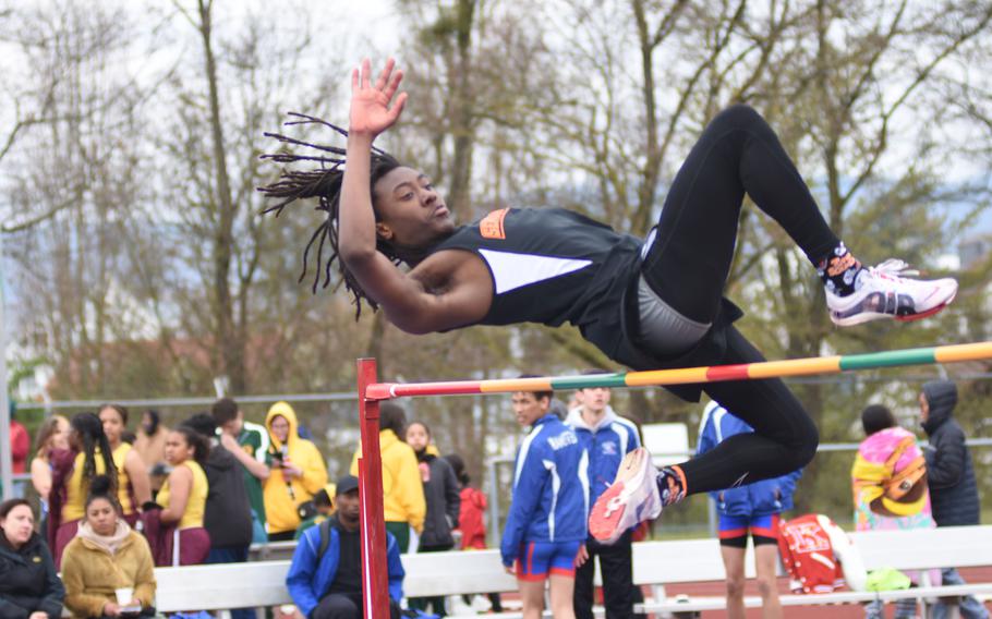 Spangdahlem’s Messiah Smith cleared 5 feet, 5 inches and tied for second in the high jump on Saturday at Wiesbaden High School, Germany. Fourteen teams and nearly 450 athletes from DODEA-Europe schools competed at the first full meet of the season.