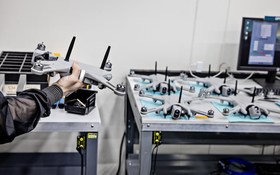 Alec Lloyd works on final construction and testing for drones on the line at the Teal Drones headquarters and factory in Salt Lake City. 