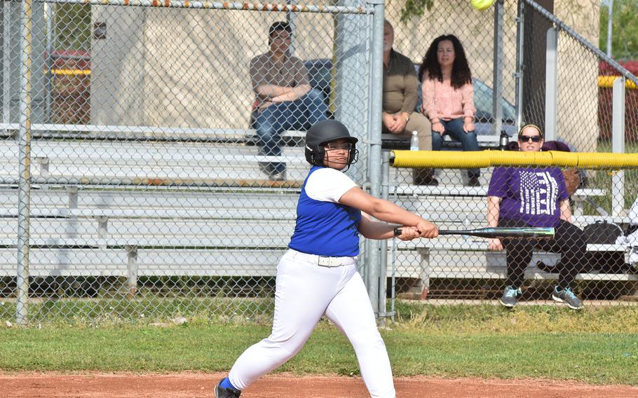 Hohenfels' Suse Sigrah puts the ball in play Friday, April 28, 2023, in a game against the Aviano Saints.