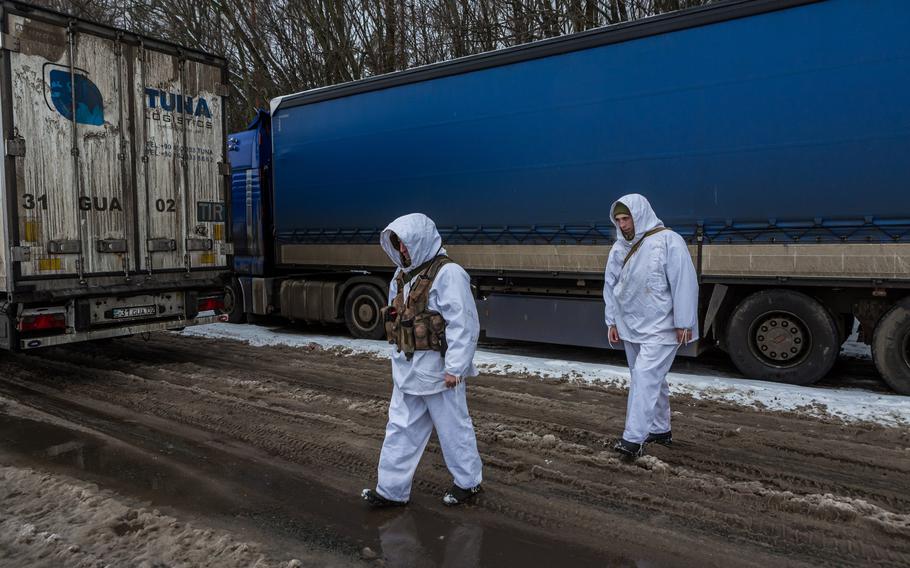 Border guards patrol the Senkivka border crossing in Ukraine on Jan. 28. 