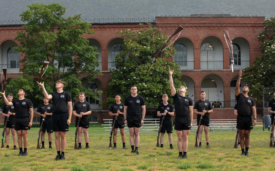 Soldiers rehearse drill movements