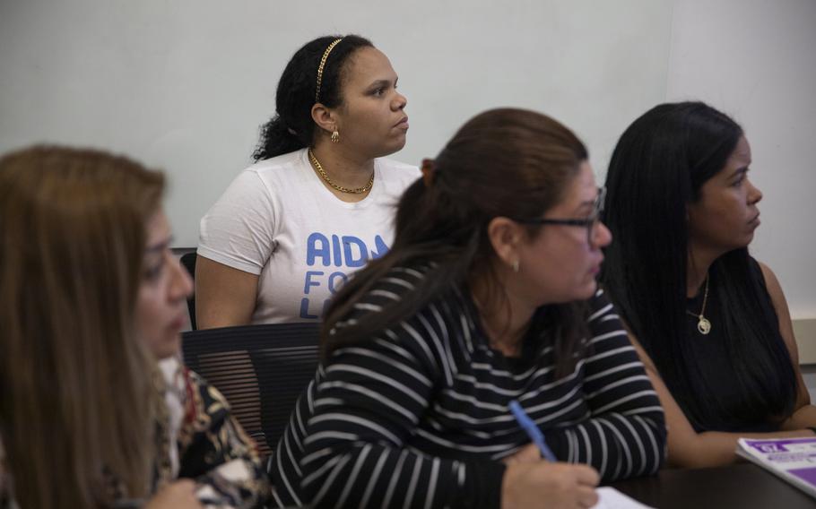 Oralis Narvarte, 34, a migrant from Venezuela, attends an informational workshop held by Aid for Life in New York on June 1, 2023.