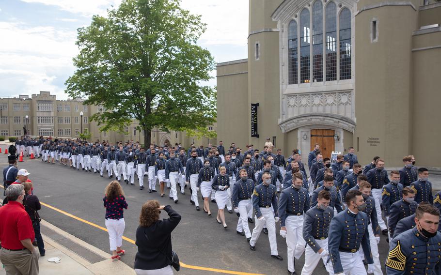 Members of the class of 2021 march to the change of command at VMI, where men make up 87% of the school's 1,698 cadets.