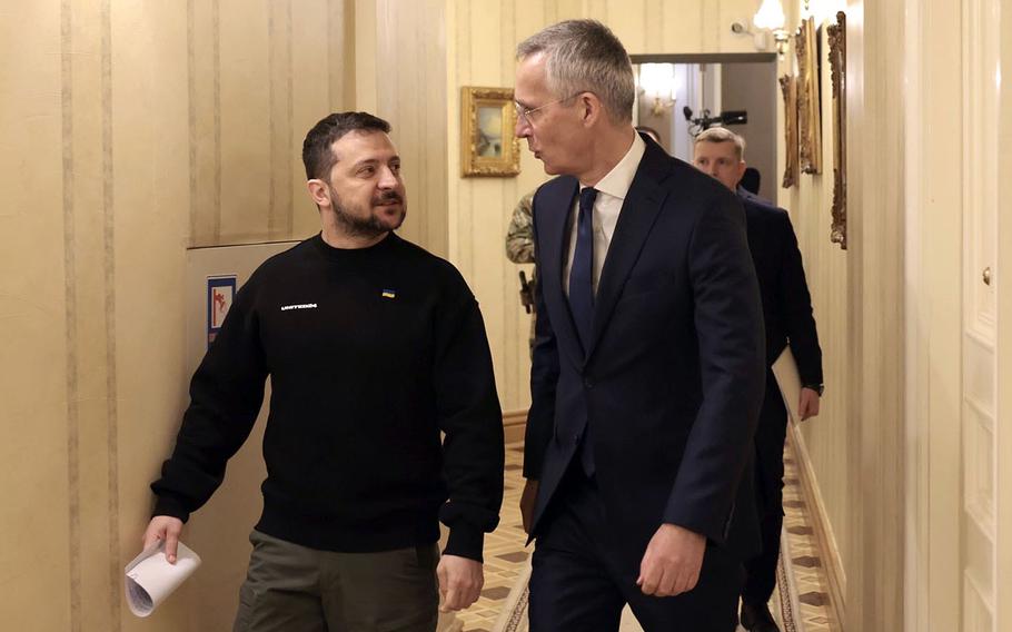 NATO Secretary-General Jens Stoltenberg and Ukrainian President Volodymyr Zelenskyy talk during Stoltenberg's visit to Kiev in April. Zelenskyy will join allied leaders at the NATO summit next week in Vilnius, Lithuania, for an inaugural meeting of the Ukraine-NATO Council.