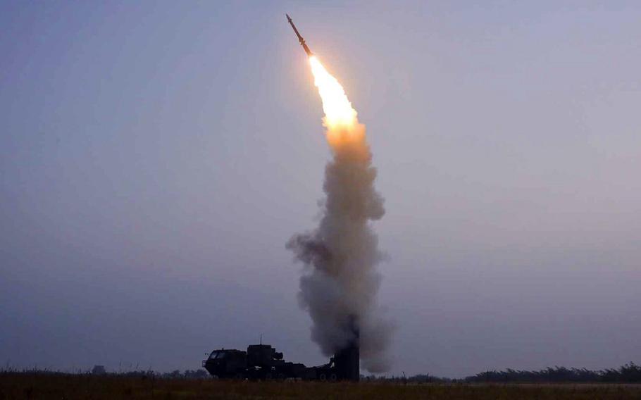 This photo released by North Korea's state-run Korean Central News Agency puports to show an anti-aircraft missile test on Thursday, Sept. 30, 2021. 