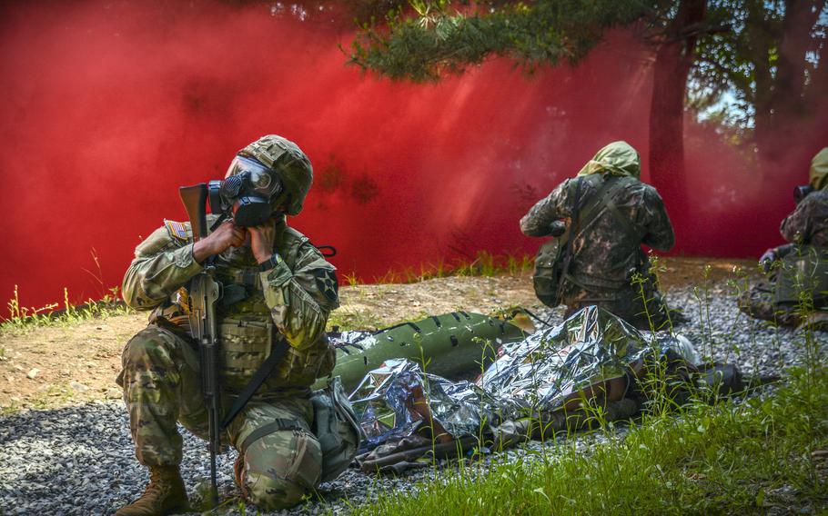 U.S. and South Korea medics test their ability to treat victims of chemical, biological, radiological and nuclear attacks at at Jundae, a South Korean military base in Daejeon city, May 29, 2024.