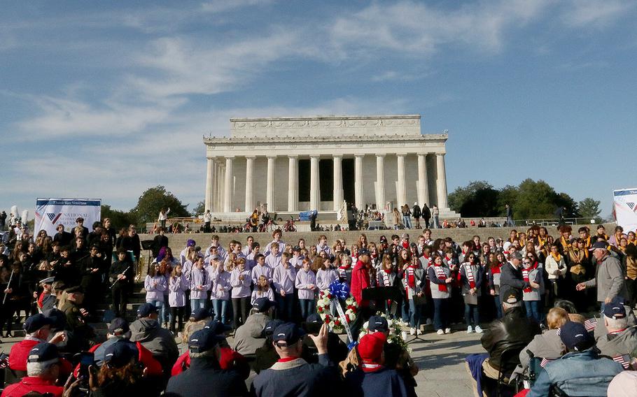 Bands from around the country gather at the Lincoln Memorial to salute the nation's veterans in Washington, November 11, 2023.