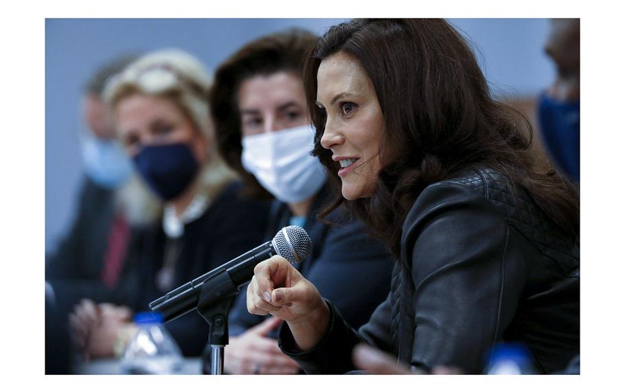 Michigan Governor Gretchen Whitmer speaks during a briefing in Taylor, Michigan, on Nov. 29, 2021. 