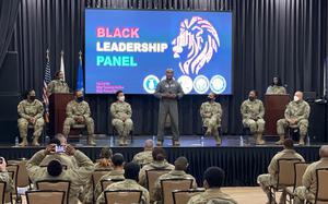 Col. Henry Jeffress, 51st Fighter Wing vice commander, speaks during the Black Leadership Panel at Osan Air Base, South Korea, Feb. 24, 2022. 