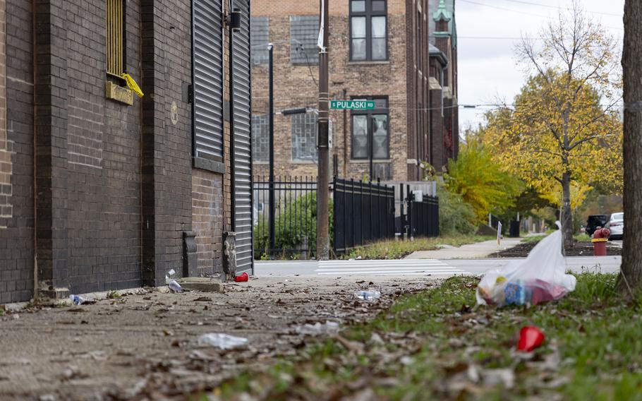 The corner of 13th and Pulaski streets in Chicago's North Lawndale neighborhood after a shooting wounded 15 people on Oct. 29, 2023.