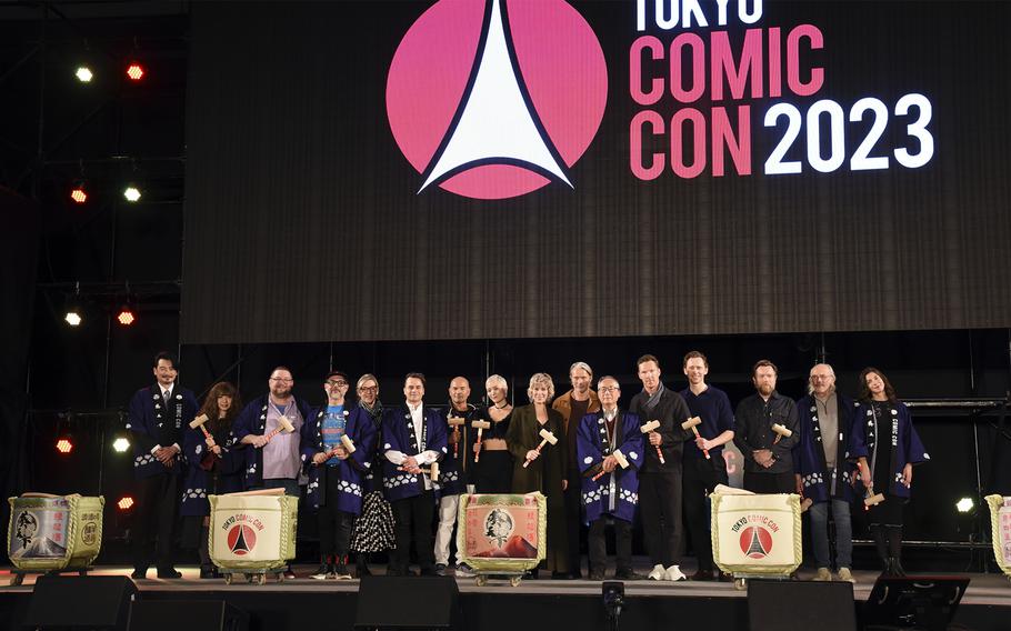 Celebrities gather for Tokyo Comic Con’s opening ceremony at the Makuhari Messe Convention Center in Chiba, east of central Tokyo, Dec. 8, 2023. 