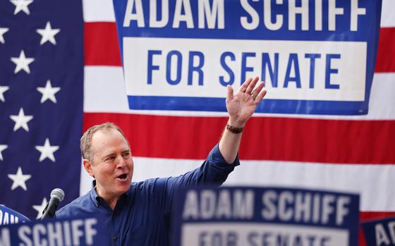 Rep. Adam Schiff (D-California) waves to supporters outside the International Alliance of Theatrical Stage Employees (IATSE) Union Hall, at the campaign kickoff rally on Feb. 11, 2023, in Burbank, California.  (Mario Tama/Getty Images/TNS)