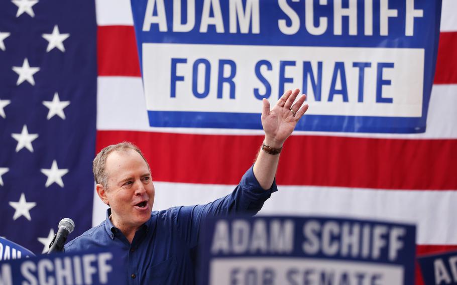 Rep. Adam Schiff (D-Calif.) waves to supporters outside the International Alliance of Theatrical Stage Employees Union Hall, at the campaign kickoff rally on Feb. 11, 2023, in Burbank, Calif.