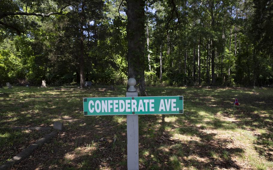A sign reads "Confederate Ave." in the Emporia Cemetery on May 20, 2021. 