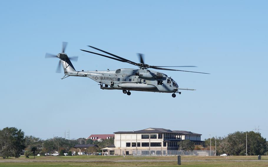 A Sikorsky CH-53E Super Stallion flies above Keesler Air Force Base, Miss., Nov. 17, 2020.