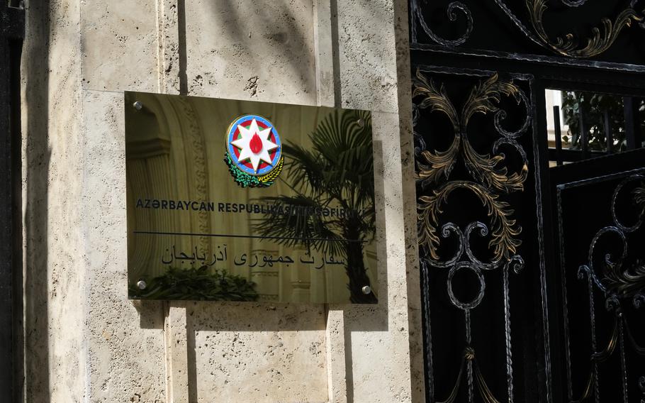 The Azerbaijan’s Embassy plaque on its new building is seen in Tehran, Iran, Monday, July 15, 2024.
