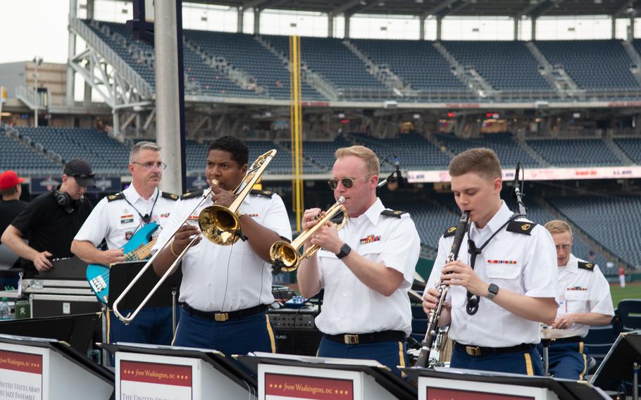 The U.S. Army Blues Jazz Ensemble performs at U.S. Army Day at Nationals Park in Washington, D.C., on Friday, June 16, 2023. The Nationals hosted the Miami Marlins.