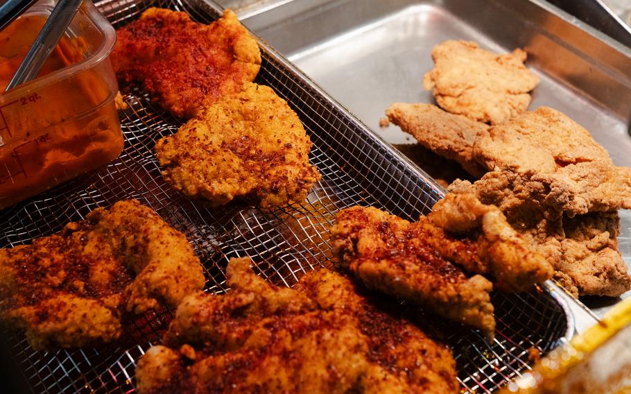 Fried chicken sits in baskets at Nan’s. “It’s not really the chicken that makes money,” said Jordan Mackey, Nan’s chef and owner. “You’re making money when [customers] buy biscuits, mashed potatoes and vegetables.”