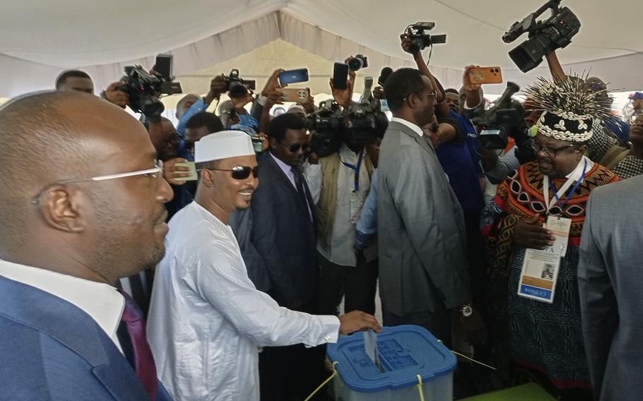 Chadian interim President Mahamat Deby Itno casts his ballot, in N’djamena, Chad, Monday, May 6, 2024, in a long delayed presidential election that is set to end three years of military rule. 