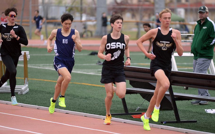 Drew Wahlgren of Humphreys, Osan's Sam Wood, Korea International's Minwoo Kwon and Humphreys' Joseph Schwartz finished 1-2-3-4 in Saturday's 1,600-meter run during the KAIAC and DODEA-Korea track finals.