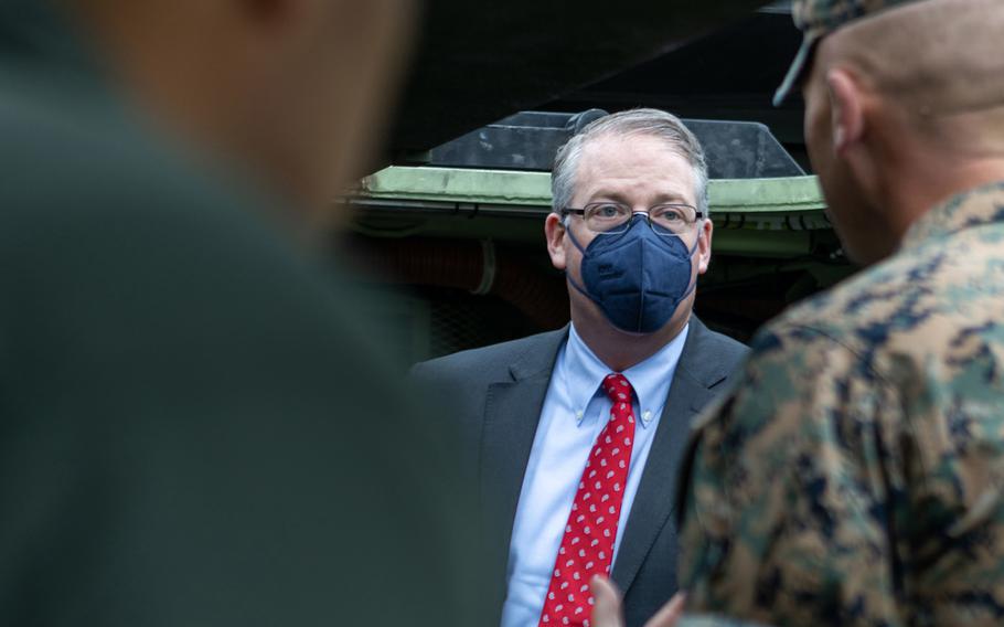 Thomas W. Harker, acting secretary of the Navy, speaks to U.S. Marines at Marine Corps Base Camp Pendleton, California on April 22, 2021. 