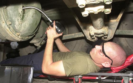 Hed: Greasing the wheels, 2002

Camp Foster, Okinawa, Sep. 13, 2002: Marine Pfc. Julien Perri of 3rd Transportation Support Battalion's Support Company pumps fluid into a differential on a Logistics Vehicle System on Camp Foster, Okinawa. 

META TAGS: USMC; U.S. Marine Corps; Marines; 

