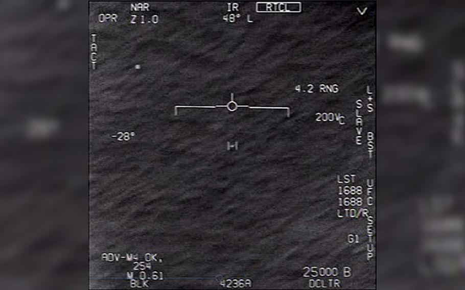 A still image from video recorded by a U.S. Navy aircraft shows a UFO off the coast of Florida in 2015. The Pentagon lacks a coordinated approach to track and report mysterious objects in the sky, according to an unclassified summary of a Defense Department Inspector General report released Jan. 25, 2024.