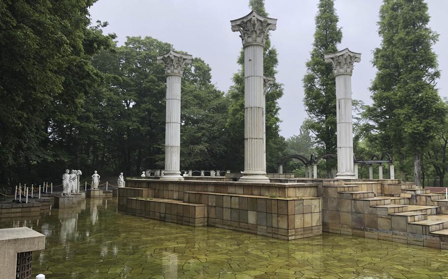 Greek  columns and statues stand inside a fountain at Muse Park in Chichibu, Saitama prefecture, Japan, about 90 minutes north of Yokota Air Base.
