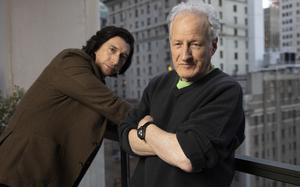Adam Driver, left, and director Michael Mann pose for a portrait to promote “Ferrari” on Oct. 12 in New York. 