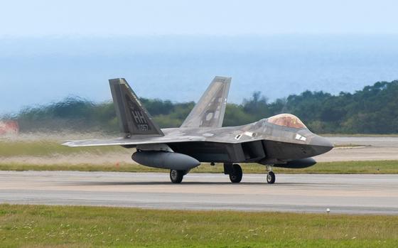 A U.S. Air Force F-22A Raptor arrives at Kadena Air Base, Okinawa, on March 28, 2024.