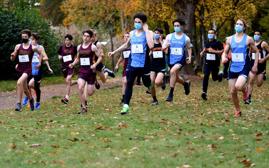 Runners from Baumholder, Spangdahlem and Black Forest Academy compete in the small schools’ race at the 2020 DODEA Europe non-virtual cross country championships 