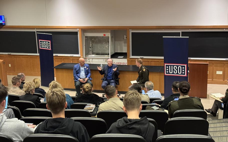 New York Times bestselling author James Patterson (center) and 1st Sgt. (Ret.) Matt Eversmann (left) speak with Army cadets during a Q&A session 