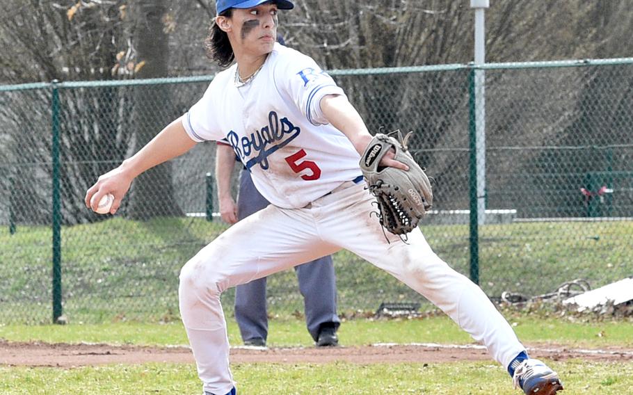 Ramstein pitcher Luke Seaburgh throws during the second game of a doubleheader at the baseball field near Southside Fitness Center on Ramstein Air Base, Germany.