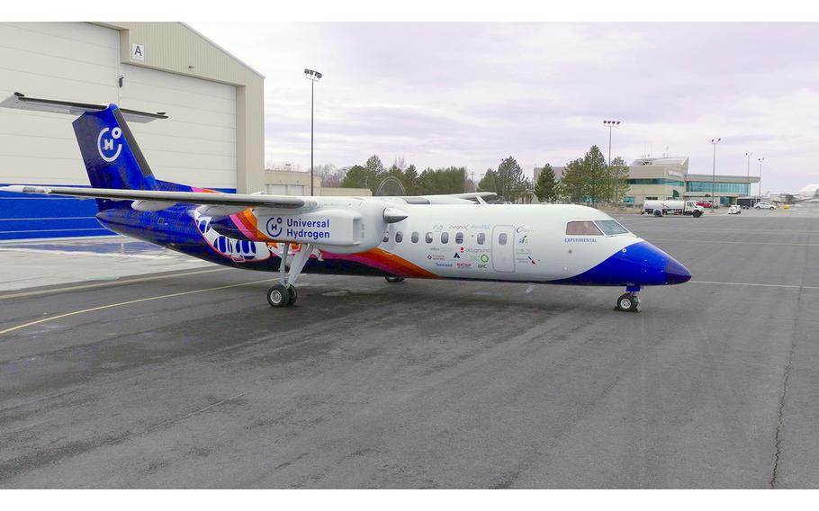 Universal Hydrogen’s Dash 8 testbed aircraft at Moses Lake, Wash. The plane completed its first test flight at the Grant County International Airport in Washington state on Thursday, March 2, 2023.